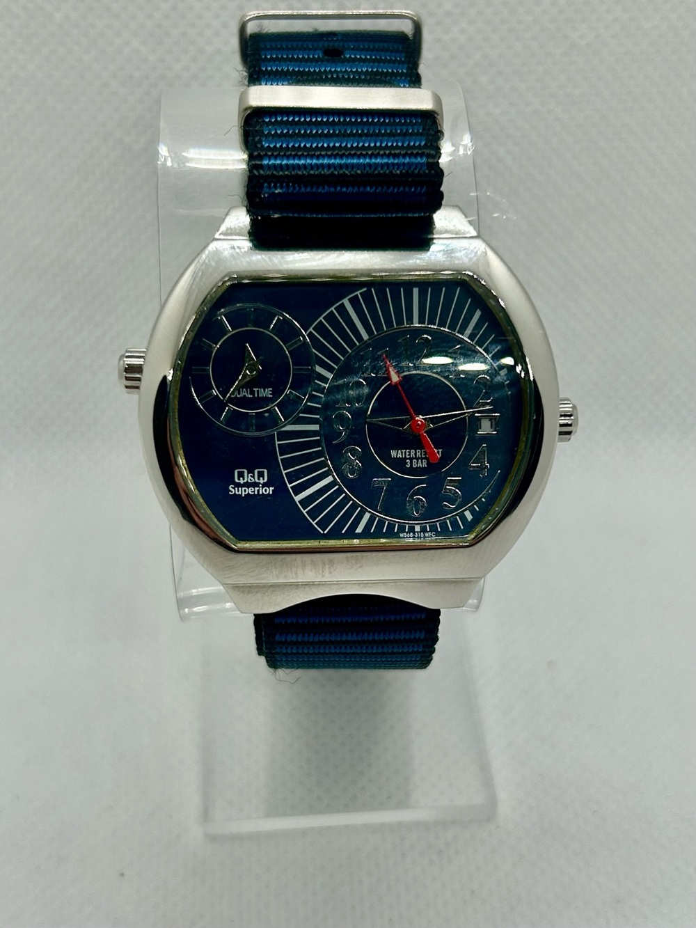Q&Q Superior Dual Time Quartz Watch Blue Dial w/ New Blue NATO Strap READ